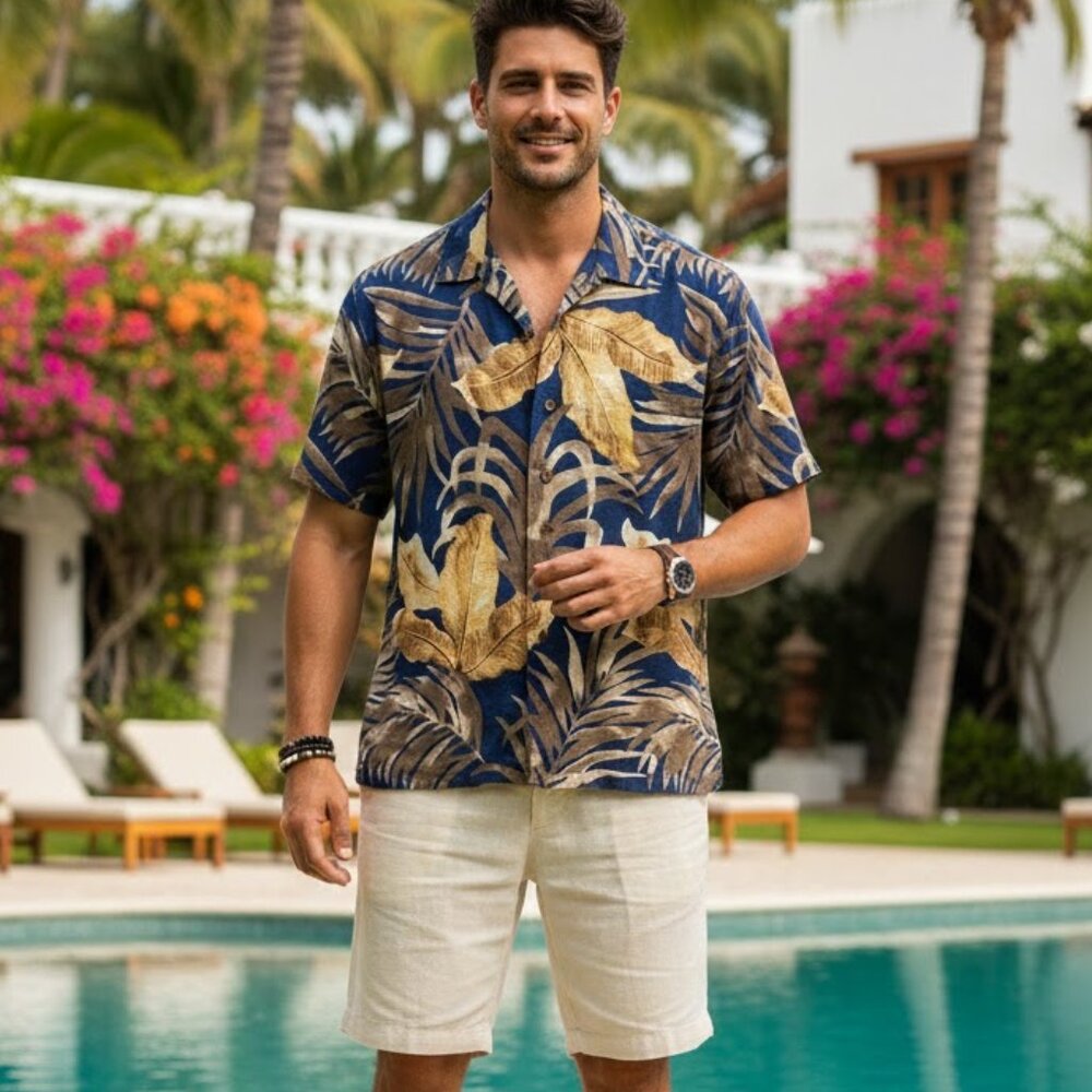 Caribbean 100% Silk Tropical Print Hawaiian Shirt Woven size S Unisex Resort
